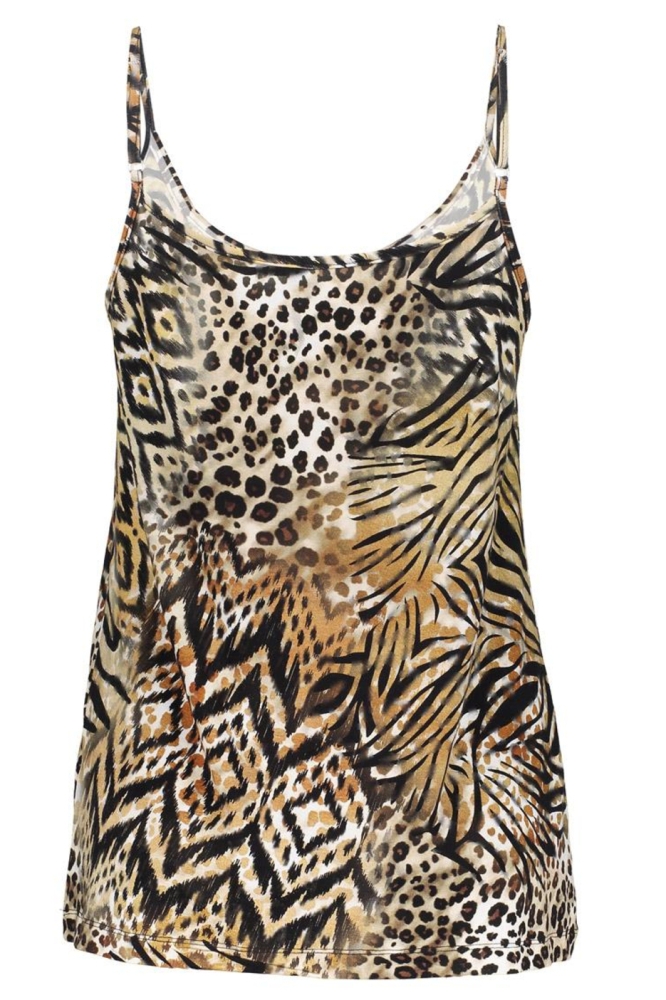 SUE ZOMERSE TOP MET PRINT EN SPAGHETTIBANDJES 52448 60 000775 BROWN/BLACK